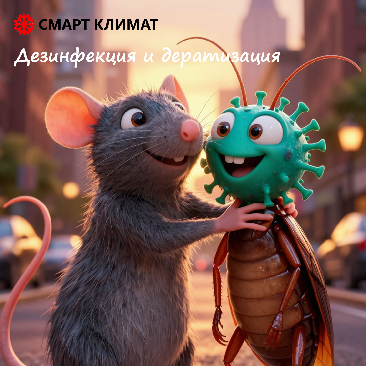 Грызун обнимает таракана с головой микроба (вируса)