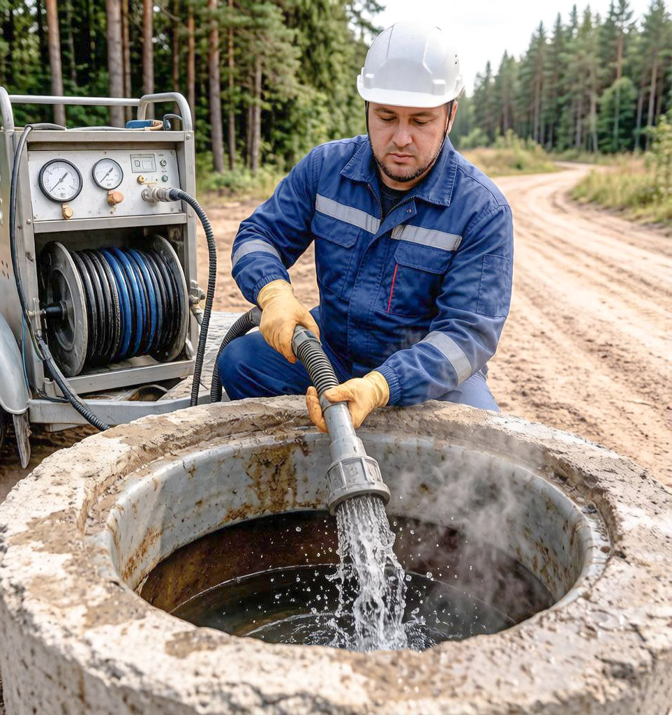 Рабочий у канализационного люка Заливает воду в открытый канализационный колодец
