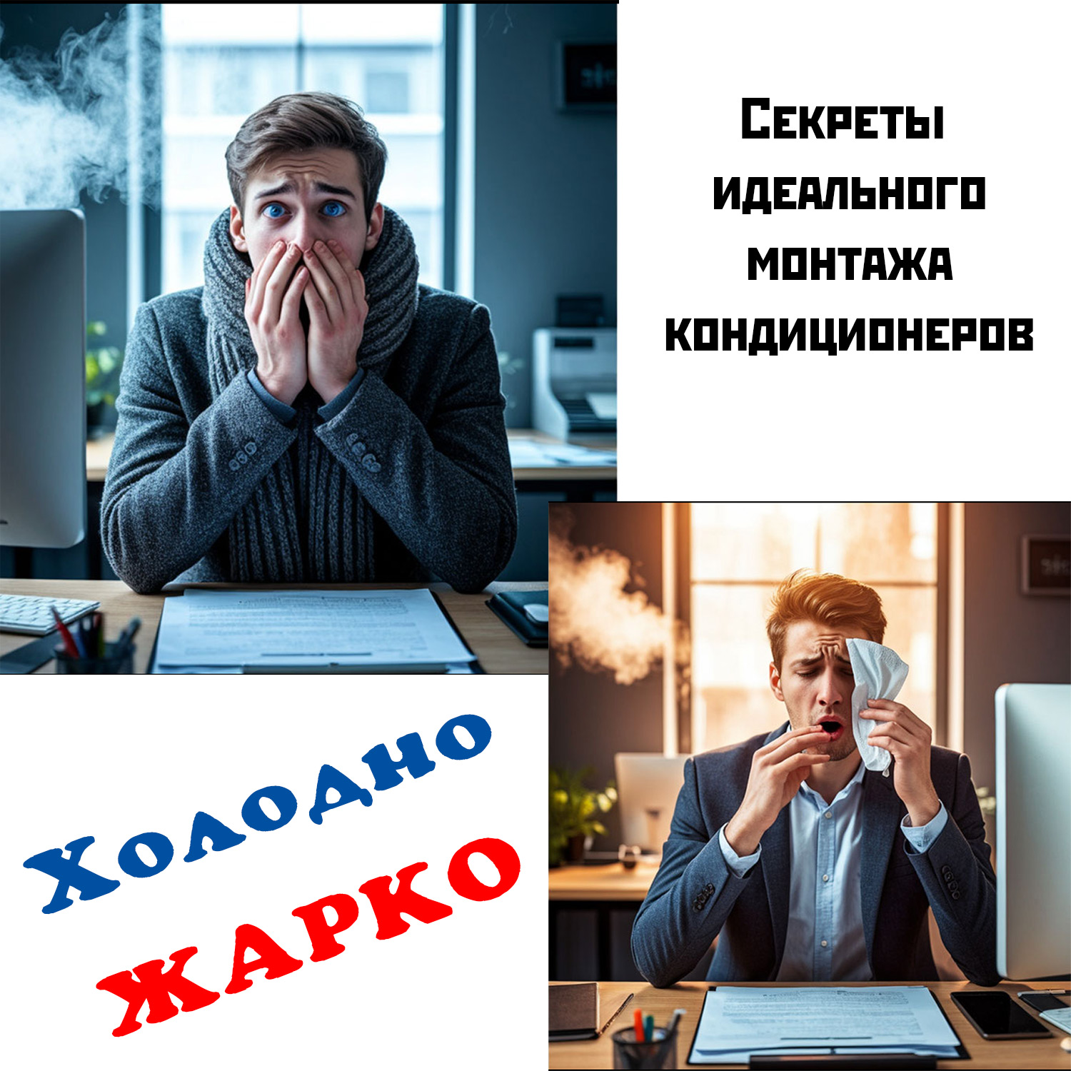 Мужчина в офисе: ему жарки и холодно в зависимости от работы кондиционера.